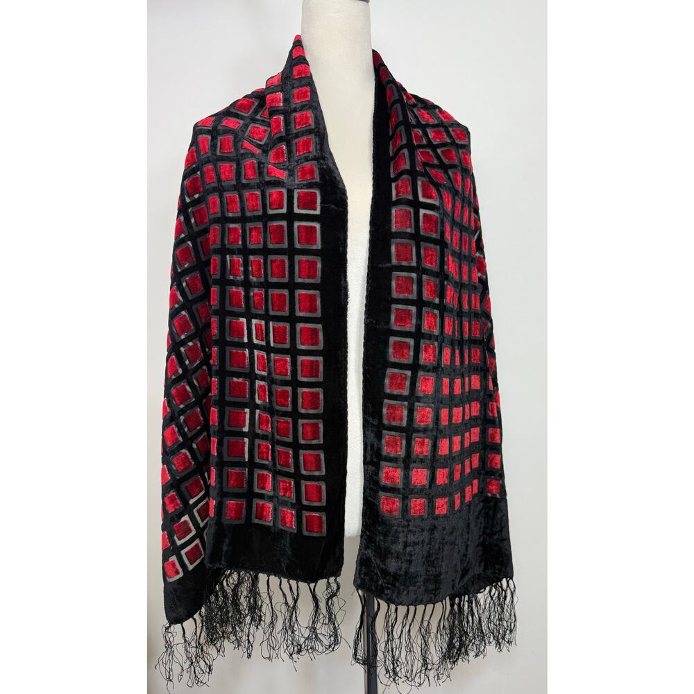 Black and Red Silk Cotton Velvet Burnout Scarf Fringe Statement Wrap
